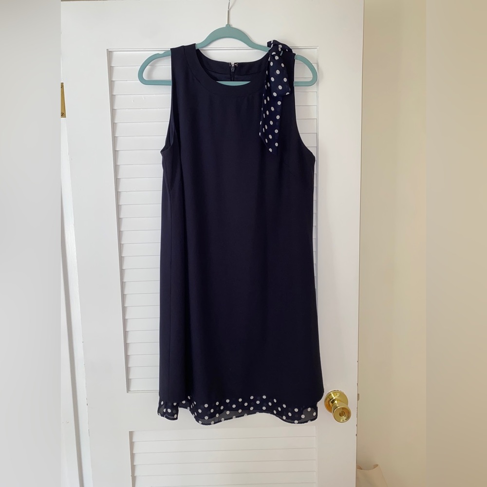 Navy Blue Formal Dress with Polka Dot Detail